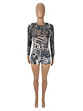 Sexy Mesh Pattern Printed Long-Sleeved Top and Shorts Set SHD-9764