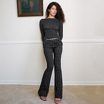 Fashion Polka Dot Print Off-the-Shoulder Long-Sleeved Top and Flared Pants Set SHD-9767 Fashion Polka Dot Print Off-the-Shoulder Long-Sleeved Top and Flared Pants Set SHD-9767