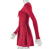 Fashionable Solid Color Pleated Long-Sleeved A-Line Dress JY-303728