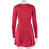 Fashionable Solid Color Pleated Long-Sleeved A-Line Dress JY-303728
