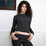 Fashion Polka Dot Print Off-the-Shoulder Long-Sleeved Top and Flared Pants Set SHD-9767