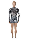 Sexy Mesh Pattern Printed Long-Sleeved Top and Shorts Set SHD-9764