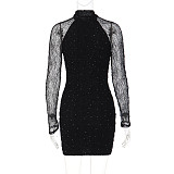 Sexy Slim-Fit Long-Sleeved Lace Dress With Rhinestone Embellishments and Bodycon Silhouette RS-20671