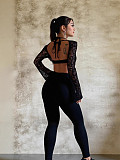 Sexy Lace Long-Sleeved Backless Strappy Halter Neck Double-Layer Jumpsuit SHD-9584