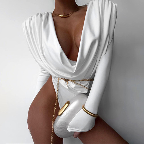 Sexy Solid Color Cowl Neck Fitted Long-Sleeved Bodysuit DLS-89083