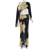 Sexy Off-the-Shoulder Crop Top and High-Waisted Drawstring Printed Skirt Set SXE-88763