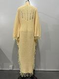Fashionable Casual Tassel High-Neck Raglan Sleeve Irregular Dress RS-8724