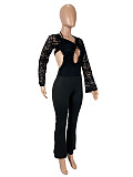 Sexy Lace Long-Sleeved Backless Strappy Halter Neck Double-Layer Jumpsuit SHD-9584