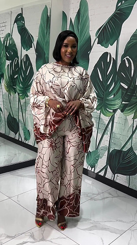 2026 Fashionable Loose-fitting Printed Short Top and High-waisted Wide-leg Pants Two-piece Set QZ-6927