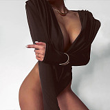 Sexy Solid Color Cowl Neck Fitted Long-Sleeved Bodysuit DLS-89083