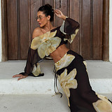 Sexy Off-the-Shoulder Crop Top and High-Waisted Drawstring Printed Skirt Set SXE-88763