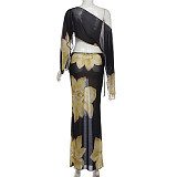 Sexy Off-the-Shoulder Crop Top and High-Waisted Drawstring Printed Skirt Set SXE-88763