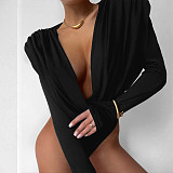 Sexy Solid Color Cowl Neck Fitted Long-Sleeved Bodysuit DLS-89083