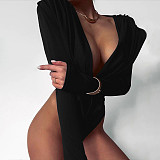 Sexy Solid Color Cowl Neck Fitted Long-Sleeved Bodysuit DLS-89083