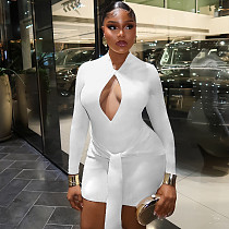 New Arrival Hollow-out V-neck Long-sleeved Tie-waist Bodycon Mini Dress JY-303951