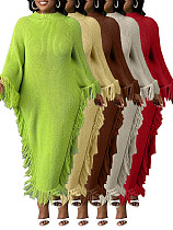 Fashionable Casual Tassel High-Neck Raglan Sleeve Irregular Dress RS-8724