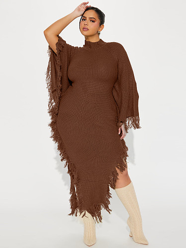 Fashionable Casual Tassel High-Neck Raglan Sleeve Irregular Dress RS-8724