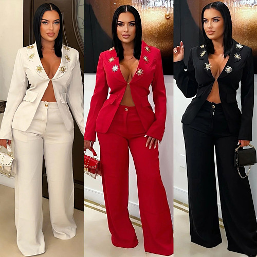 Fashionable Color-Blocked Lapel Casual Suit Two-Piece Set NY-11182