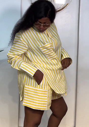 2026 Casual Striped Long-Sleeved Shirt and Shorts Loose Two-Piece Set QZ-7598