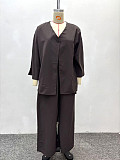 2026 Casual Cardigan V-neck Shirt and Wide-leg Pants Two-Piece Set QZ-7253