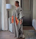 2025 Fashionable Loose Striped Color-Blocked Dress With Large Pockets QZ-7341