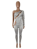 Sexy Striped Cutout Print One-shoulder Long-sleeved Jogger Jumpsuit SHD-9736