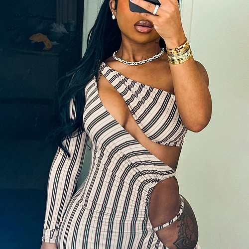Sexy Striped Cutout Print One-shoulder Long-sleeved Jogger Jumpsuit SHD-9736