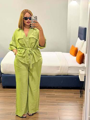 2026 Casual Solid Color Lapel Zipper Bodice Tie-Waist Shirt and Pants Set QZ-8167