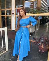 Solid Color Fitted Short Shirt and Slit Button-Up Skirt Two-Piece Set QZ-8220