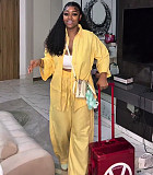 2026 Casual Solid Color Lapel Cardigan Long-Sleeve Shirt and Pants Two-Piece Set QZ-8082