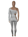 Sexy Striped Cutout Print One-shoulder Long-sleeved Jogger Jumpsuit SHD-9736
