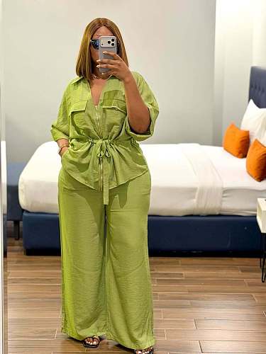 2026 Casual Solid Color Lapel Zipper Bodice Tie-Waist Shirt and Pants Set QZ-8167