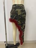 2026 Fashionable Furry Button Stretch Camouflage Asymmetrical Midi Skirt RS-2676