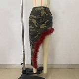 2026 Fashionable Furry Button Stretch Camouflage Asymmetrical Midi Skirt RS-2676