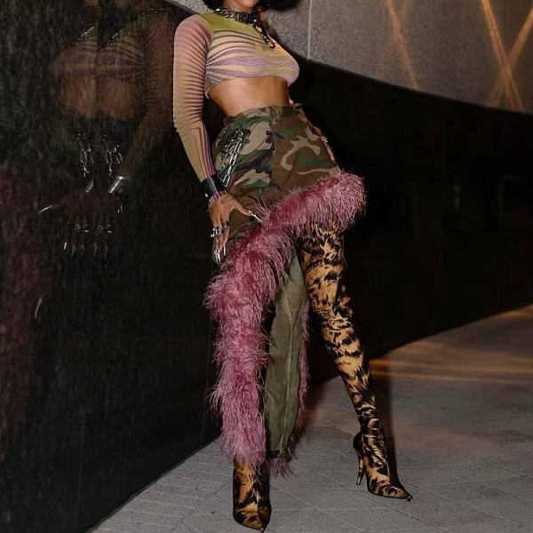 2026 Fashionable Furry Button Stretch Camouflage Asymmetrical Midi Skirt RS-2676