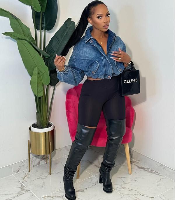 2026 Fashion Washed Collar Drawstring Long Sleeve Short Zipper Denim Jacket RS-50810