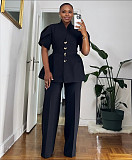 Fashionable Puff Sleeve Irregular Button Cardigan and Trousers Set NY-11215