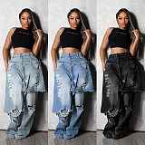 Fashion Distressed Patchwork Monkey Cut Decoration Loose Straight Leg Jeans RS-2525