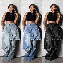 Fashion Distressed Patchwork Monkey Cut Decoration Loose Straight Leg Jeans RS-2525