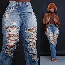 2026 Fashionable Straight Leg Jeans With Stretch Waistband and Ripped Fringes RS-2270