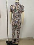 2026 Fashionable Slim Fit Leaf Print High Neck Short-Sleeve Trouser Set RS-2646