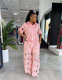 Fashion Solid Color Hollowed-out Lace Wide-leg Tie-up Two-Piece Set NY-3793