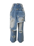 Fashion Distressed Patchwork Monkey Cut Decoration Loose Straight Leg Jeans RS-2525