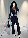 Casual Half-High Zipper Short Cropped Top and Sports Pants Two-Piece Set RS-8178
