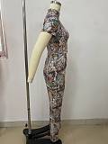 2026 Fashionable Slim Fit Leaf Print High Neck Short-Sleeve Trouser Set RS-2646