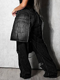 Fashion Distressed Patchwork Monkey Cut Decoration Loose Straight Leg Jeans RS-2525