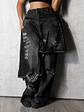 Fashion Distressed Patchwork Monkey Cut Decoration Loose Straight Leg Jeans RS-2525