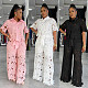 Fashion Solid Color Hollowed-out Lace Wide-leg Tie-up Two-Piece Set NY-3793