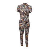 2026 Fashionable Slim Fit Leaf Print High Neck Short-Sleeve Trouser Set RS-2646