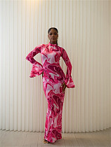 Sexy Floral Print Mesh Sheer Flared Sleeve Bodycon Long Dress XS-45412